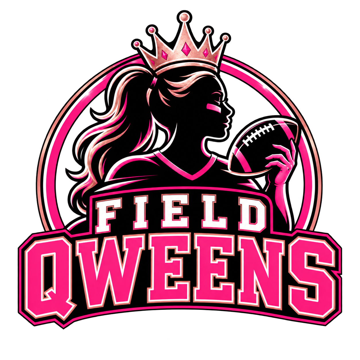 Field Qweens logo featuring varsity lettering and a crowned female football player